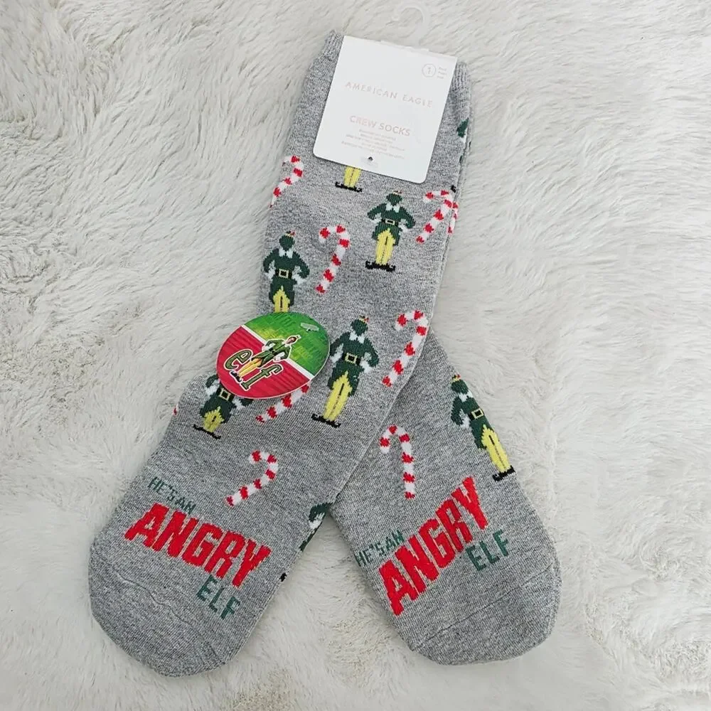 American Eagle Gray Angry Elf Holiday Crew Socks NWT One Size Unisex Christmas